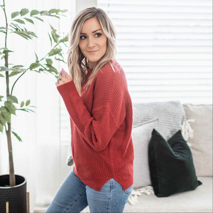 Waffle Knit Round Neck Long Sleeve Low-gauge Sweater With Side Slit - Katherine Jean