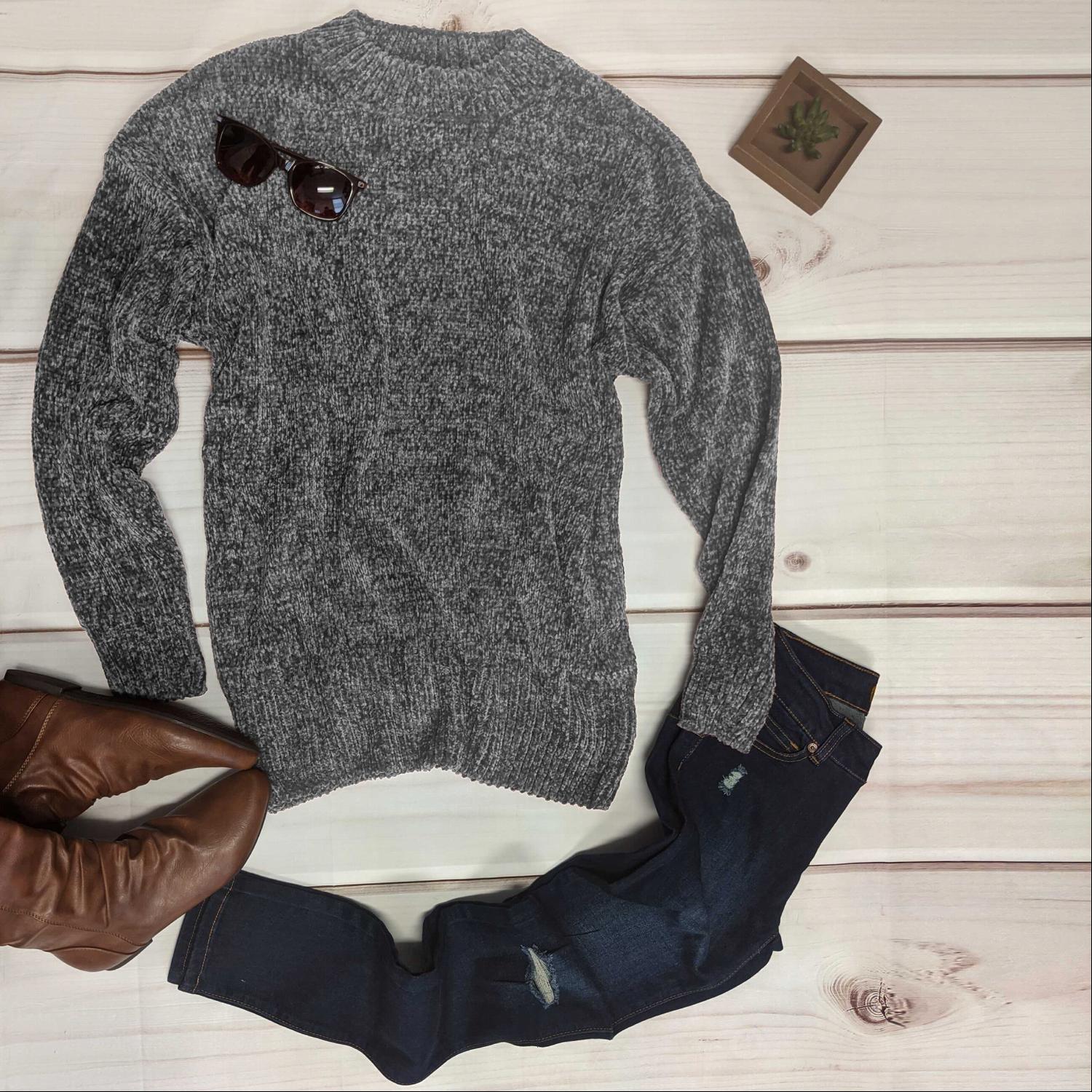 Round Neck Long Sleeve Chenille Sweater - Katherine Jean