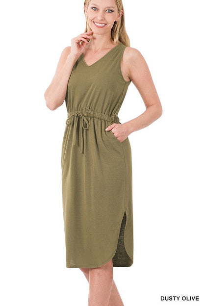Poly Cotton Drawstring Waist Curved Hem Dress - Katherine Jean