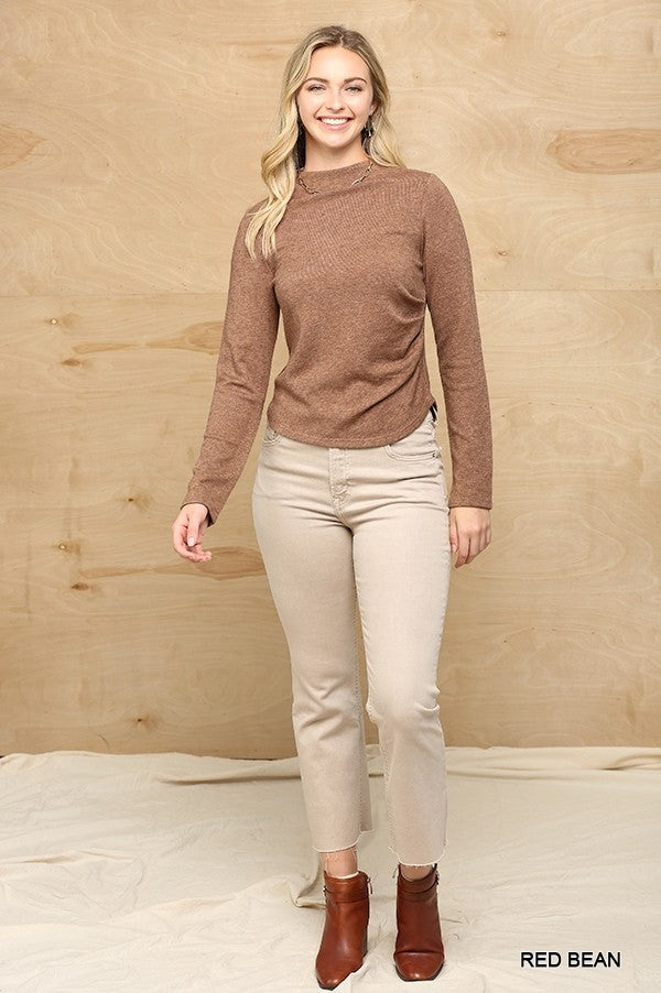 Red Bean Solid And Cozy Soft Knit Mock Neck Top - Katherine Jean