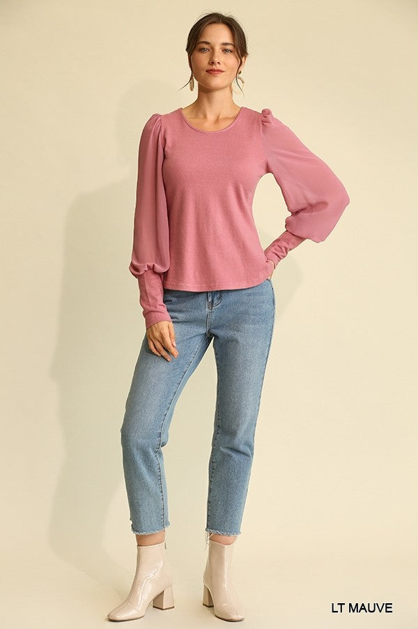 Light Mauve Solid Knit And Chiffon Mixed Top With Puff Long Sleeve - Katherine Jean