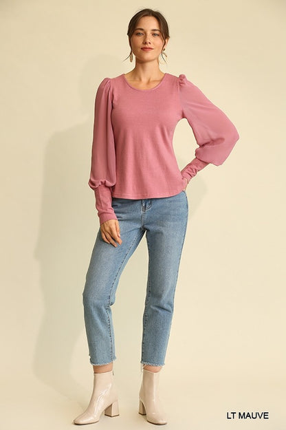 Light Mauve Solid Knit And Chiffon Mixed Top With Puff Long Sleeve - Katherine Jean