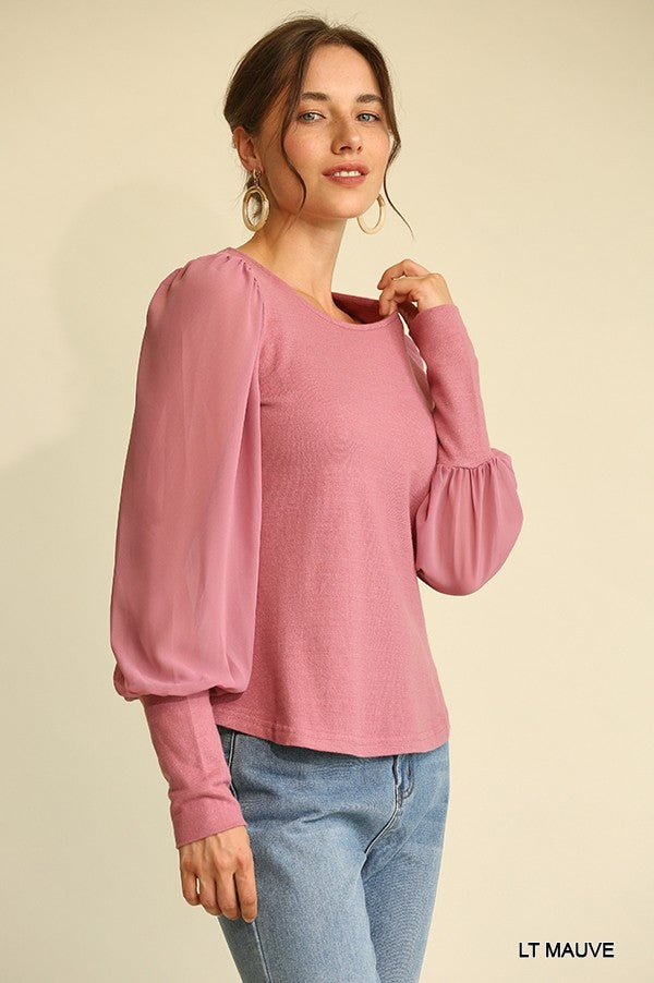 Light Mauve Solid Knit And Chiffon Mixed Top With Puff Long Sleeve - Katherine Jean