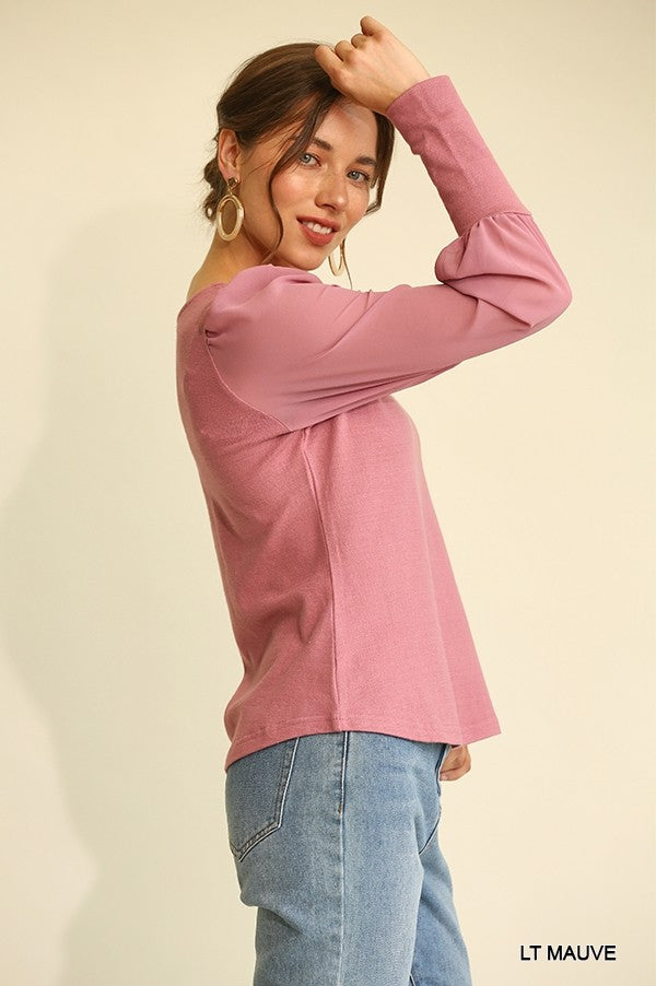 Light Mauve Solid Knit And Chiffon Mixed Top With Puff Long Sleeve - Katherine Jean