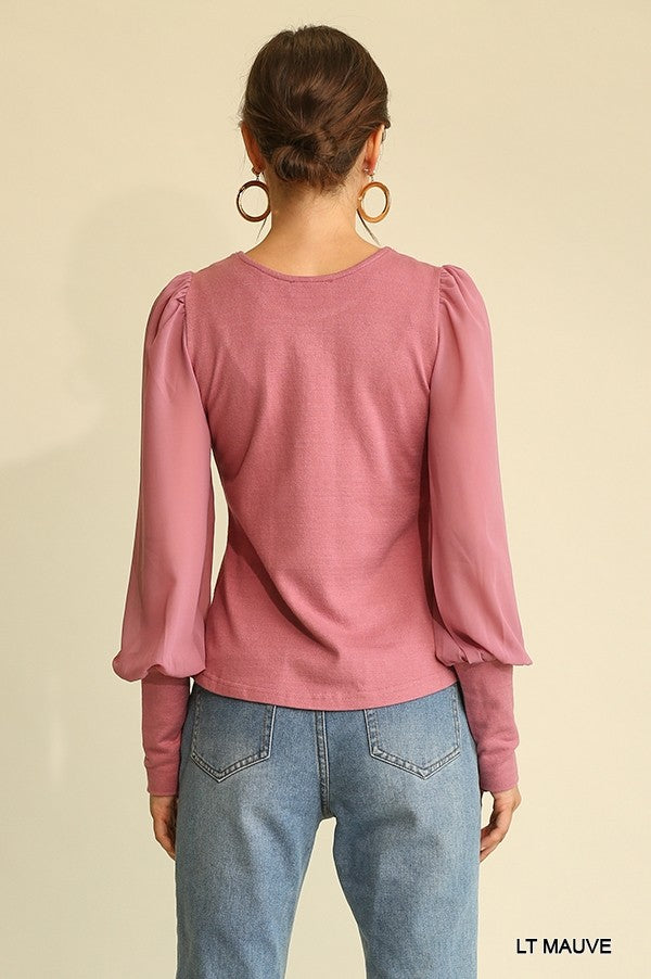 Light Mauve Solid Knit And Chiffon Mixed Top With Puff Long Sleeve - Katherine Jean