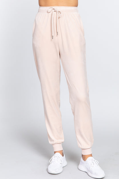 Cream Waist Elastic Velour Long Jogger Pants - Katherine Jean
