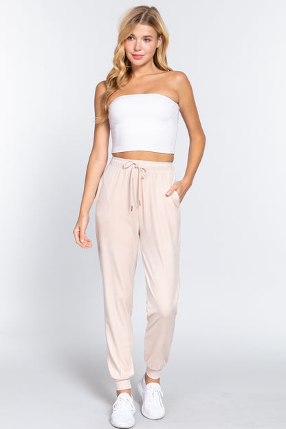 Cream Waist Elastic Velour Long Jogger Pants - Katherine Jean
