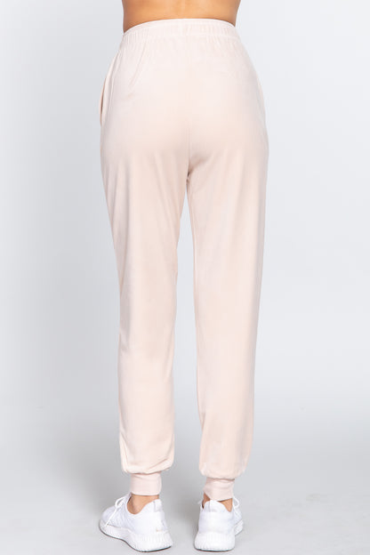 Cream Waist Elastic Velour Long Jogger Pants - Katherine Jean