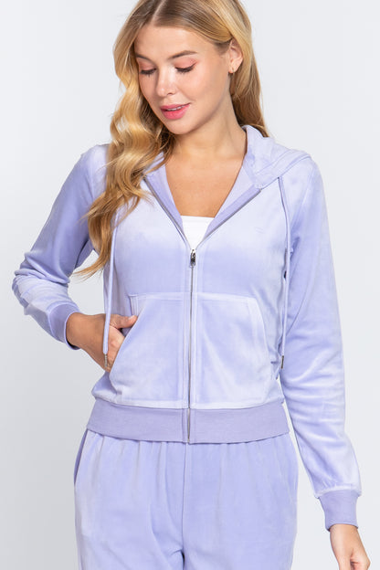 Lavender Long Sleeve Velour Hoodie Zip Up Jacket - Katherine Jean