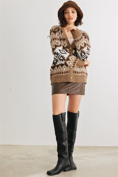 Fair Isle Knit Button-up Long Sleeve Cardigan Sweater - Katherine Jean