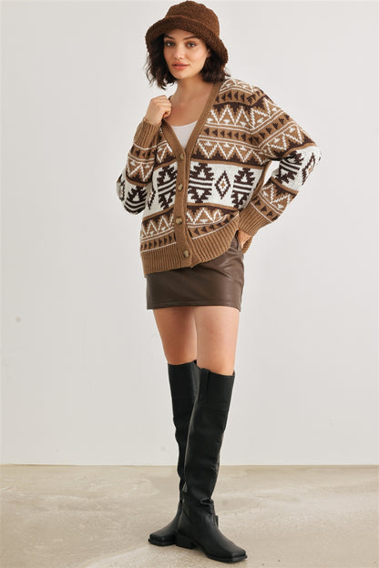 Fair Isle Knit Button-up Long Sleeve Cardigan Sweater - Katherine Jean