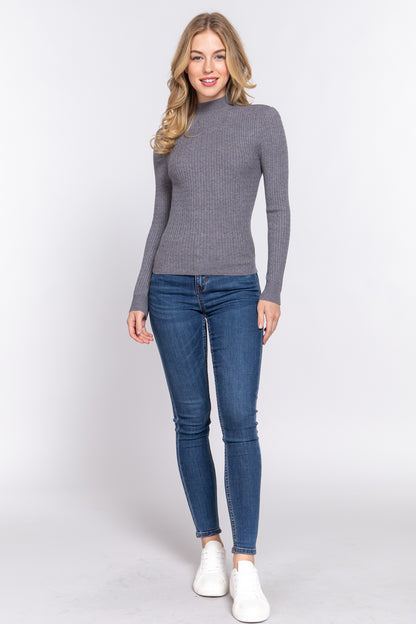 Charcoal Grey Long Sleeve Mock Neck Rib Sweater - Katherine Jean