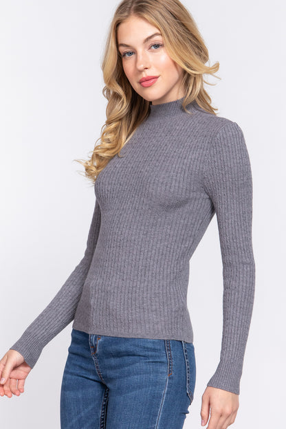 Charcoal Grey Long Sleeve Mock Neck Rib Sweater - Katherine Jean