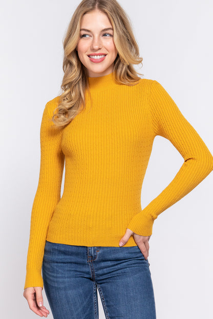 Mustard Long Sleeve Mock Neck Rib Sweater - Katherine Jean