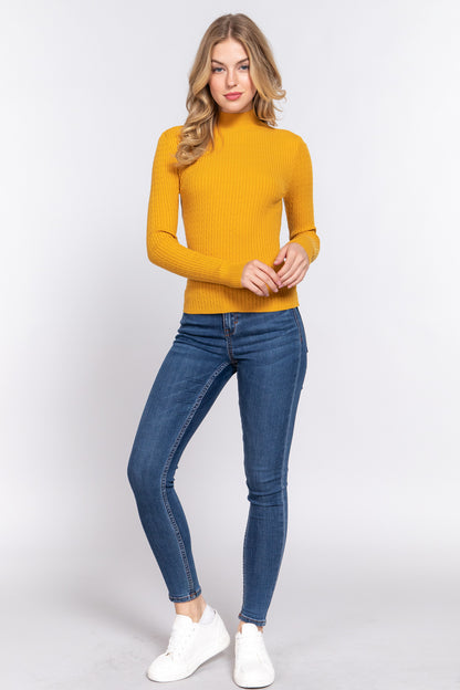 Mustard Long Sleeve Mock Neck Rib Sweater - Katherine Jean