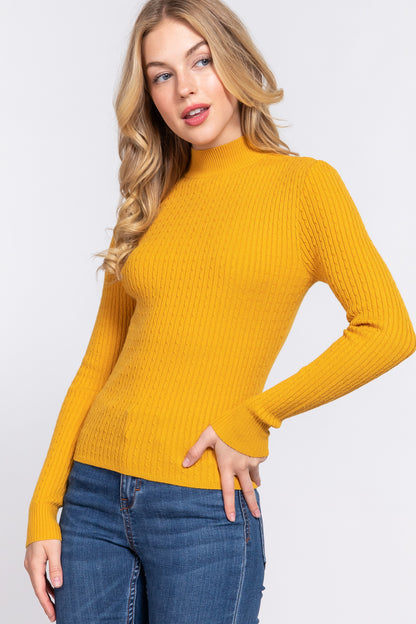 Mustard Long Sleeve Mock Neck Rib Sweater - Katherine Jean