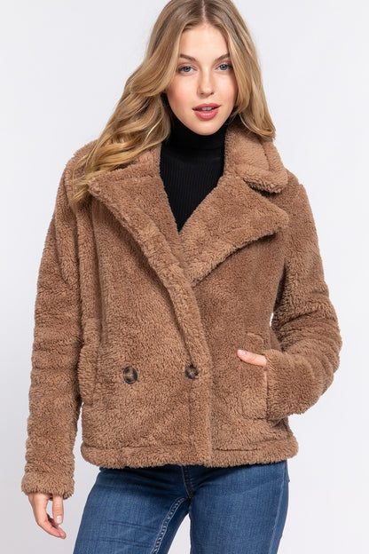 Camel Notched Collar Sherpa Jacket - Katherine Jean