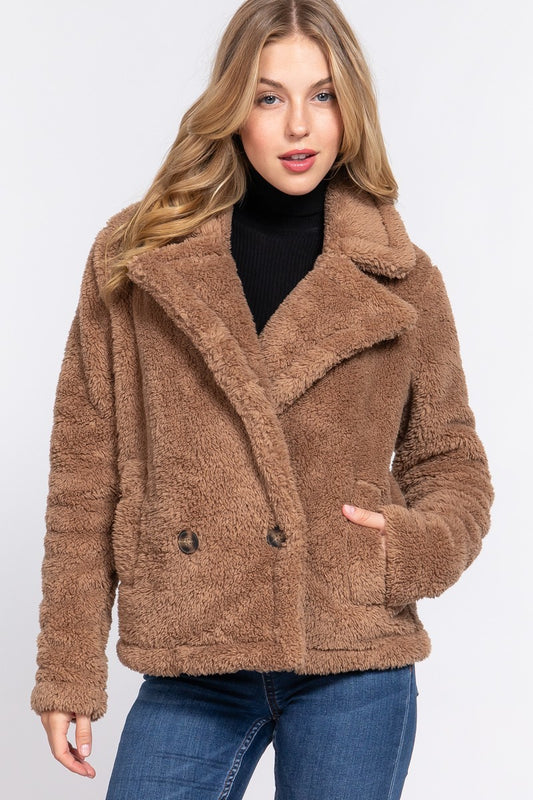 Camel Notched Collar Sherpa Jacket - Katherine Jean