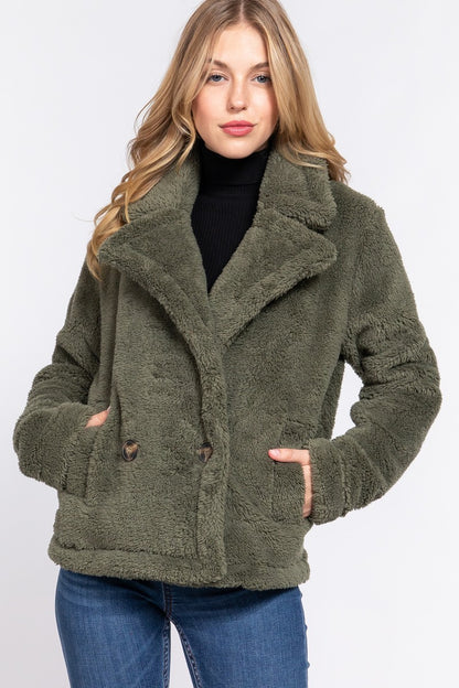 Olive Notched Collar Sherpa Jacket - Katherine Jean