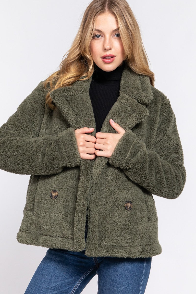 Olive Notched Collar Sherpa Jacket - Katherine Jean