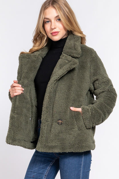 Olive Notched Collar Sherpa Jacket - Katherine Jean