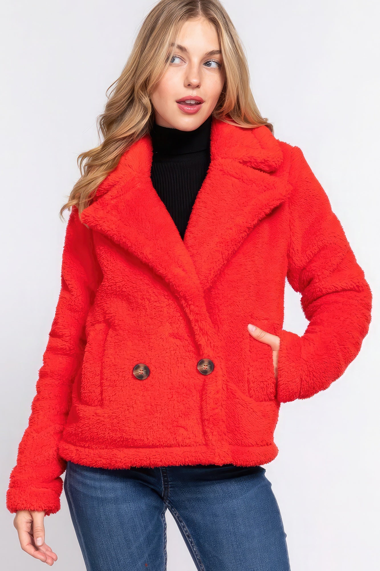 Red Faux Fur Sherpa Jacket - Katherine Jean