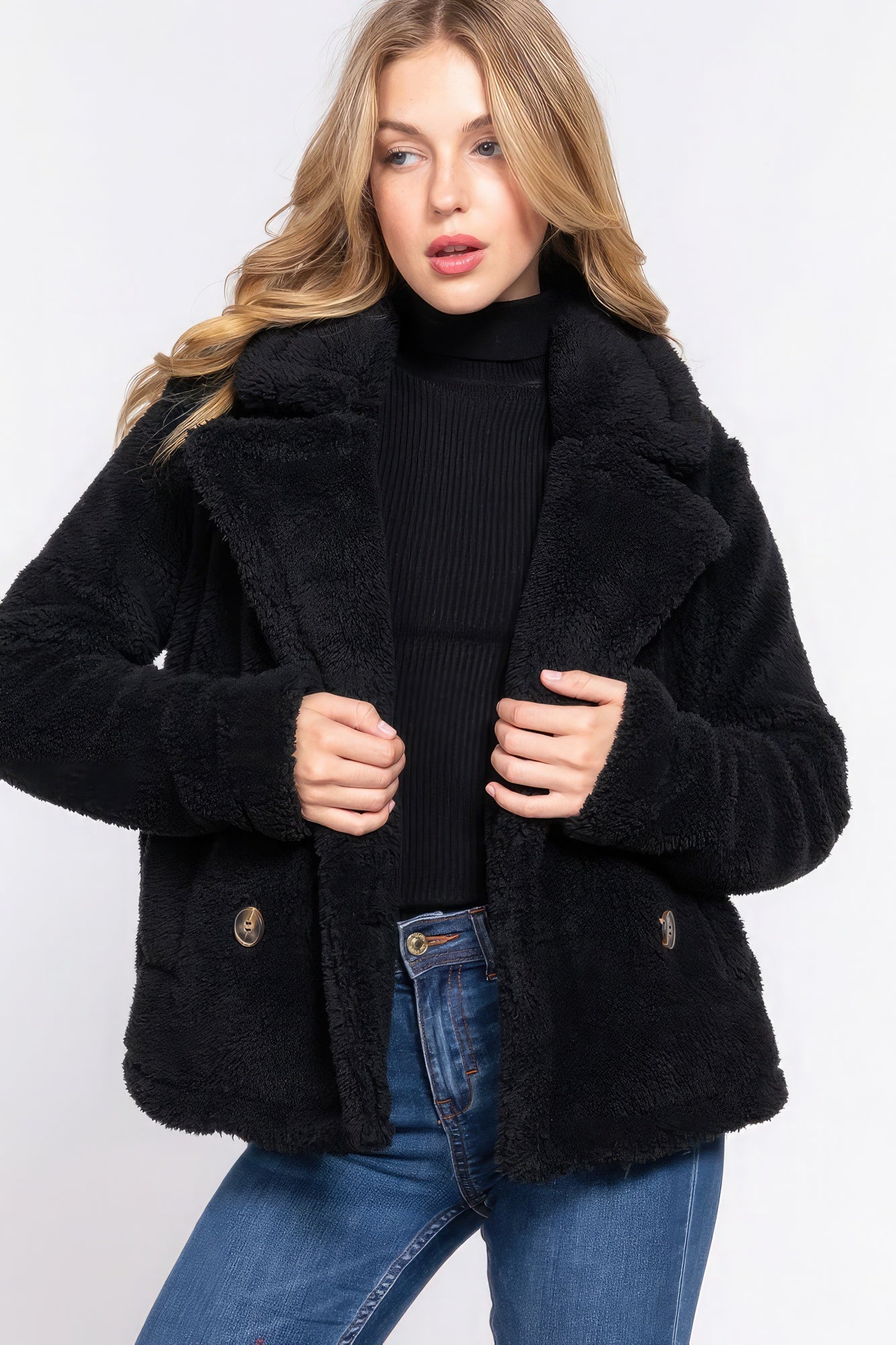 Black Faux Fur Sherpa Jacket - Katherine Jean