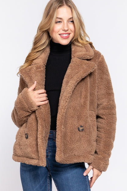 Camel Notched Collar Sherpa Jacket - Katherine Jean