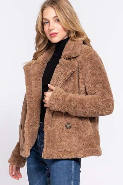 Camel Notched Collar Sherpa Jacket - Katherine Jean