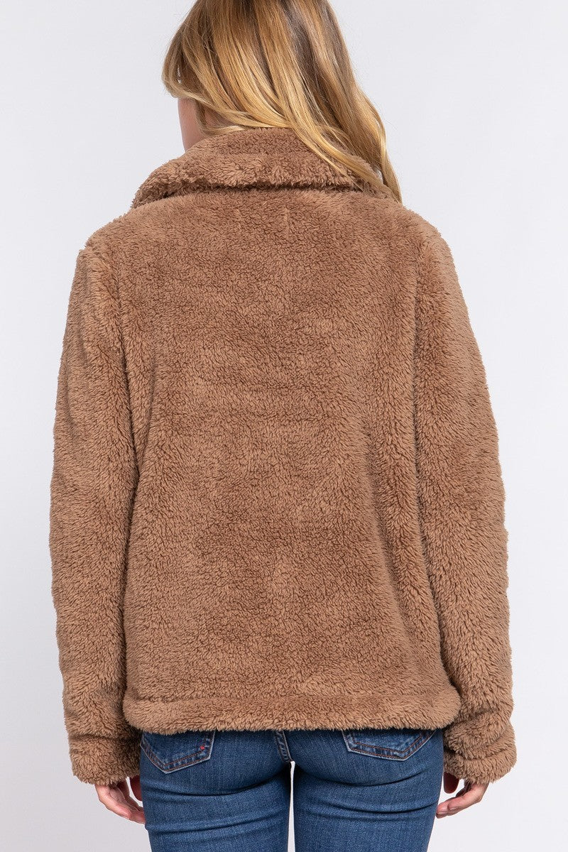 Camel Notched Collar Sherpa Jacket - Katherine Jean