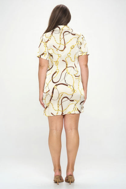 Cream Chain Belt Print Short Sleeve Wrap Tie Dress - Katherine Jean