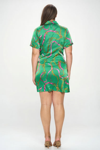 Green Chain Belt Print Short Sleeve Wrap Tie Dress - Katherine Jean