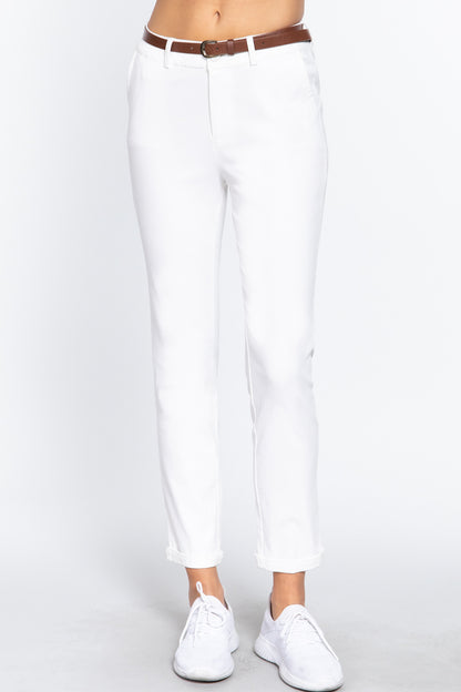 Off White Cotton-span Twill Belted Long Pants - Katherine Jean