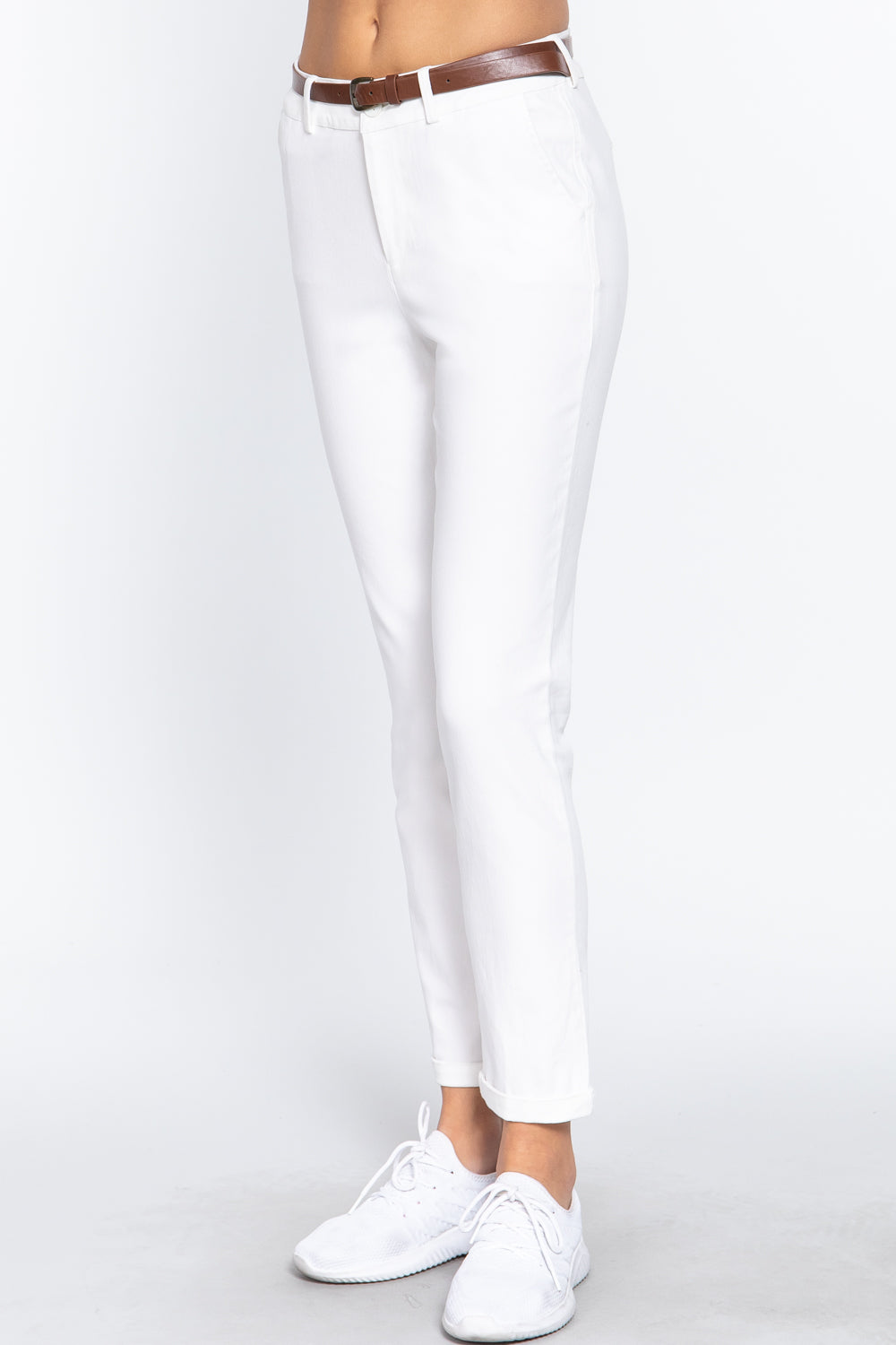Off White Cotton-span Twill Belted Long Pants - Katherine Jean