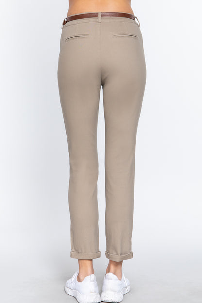 Sand Taupe Cotton-span Twill Belted Long Pants - Katherine Jean