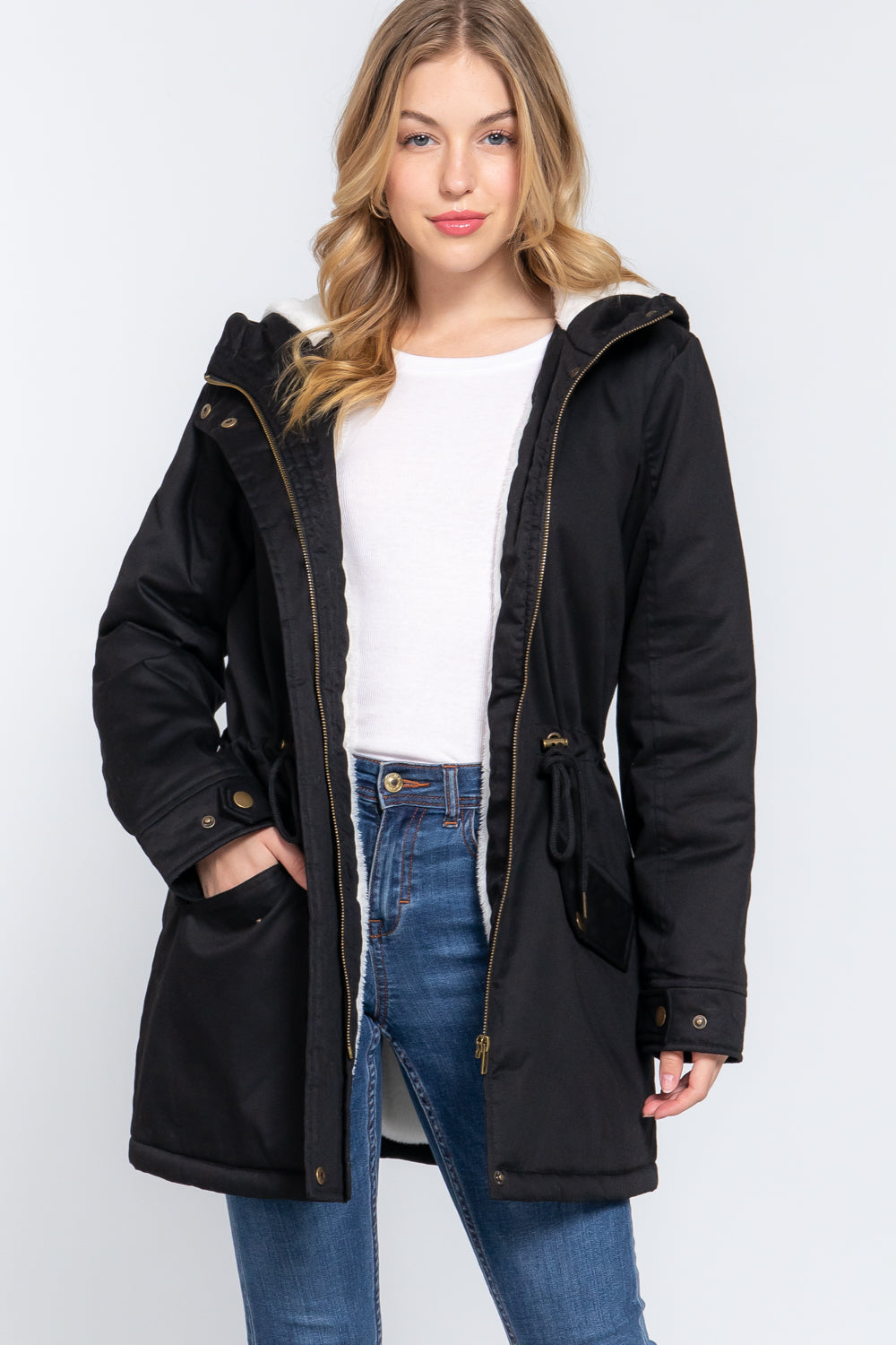 Black Fleece Lined Fur Hoodie Utility Jacket - Katherine Jean