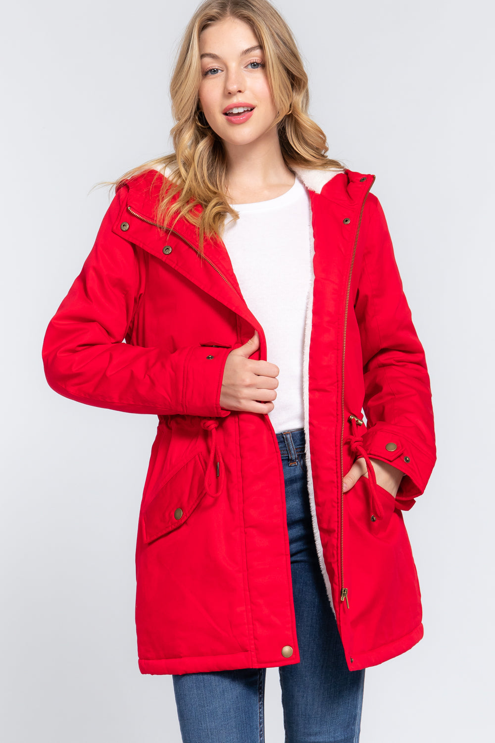 Red Fleece Lined Fur Hoodie Utility Jacket - Katherine Jean