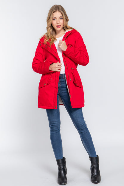 Red Fleece Lined Fur Hoodie Utility Jacket - Katherine Jean