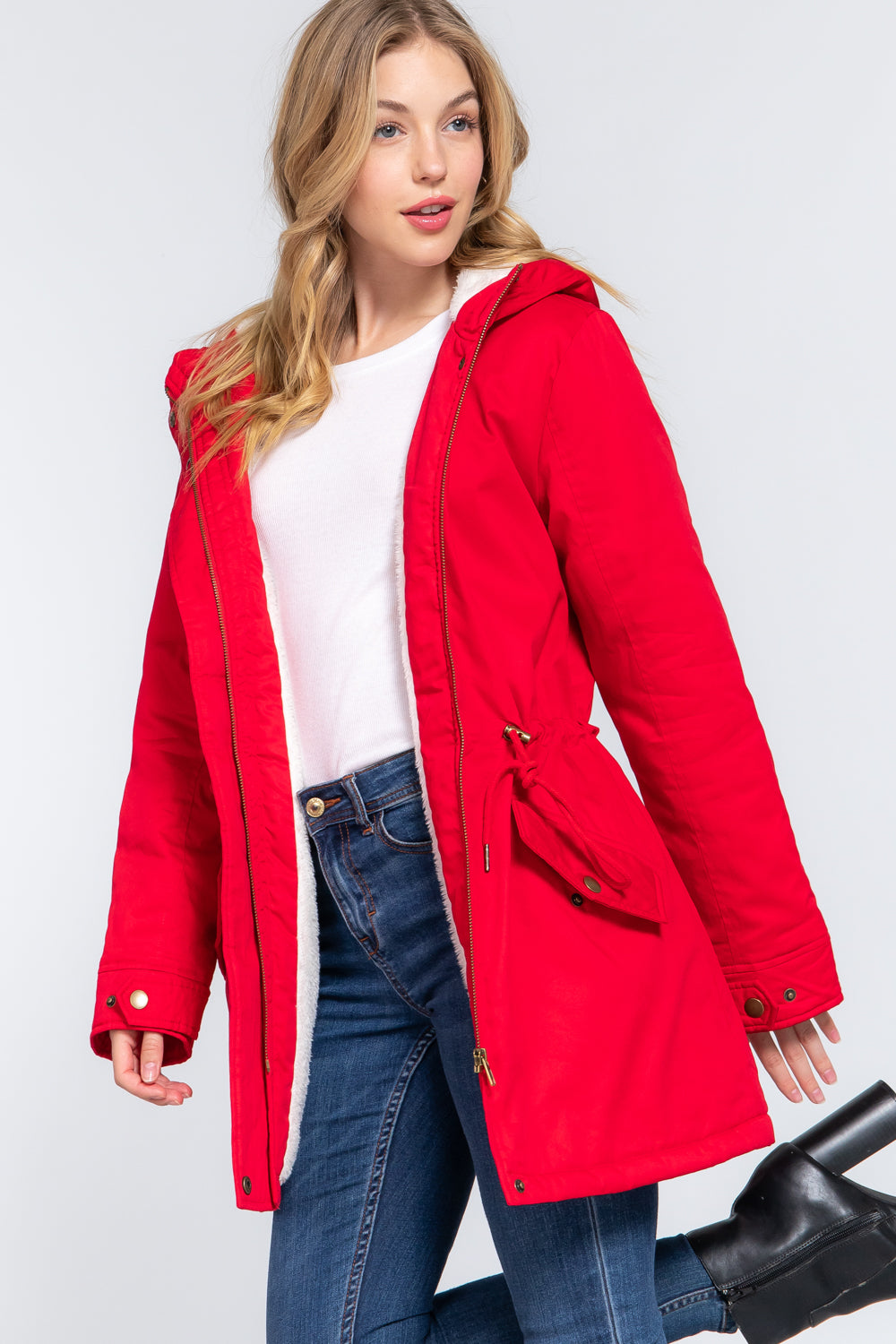 Red Fleece Lined Fur Hoodie Utility Jacket - Katherine Jean