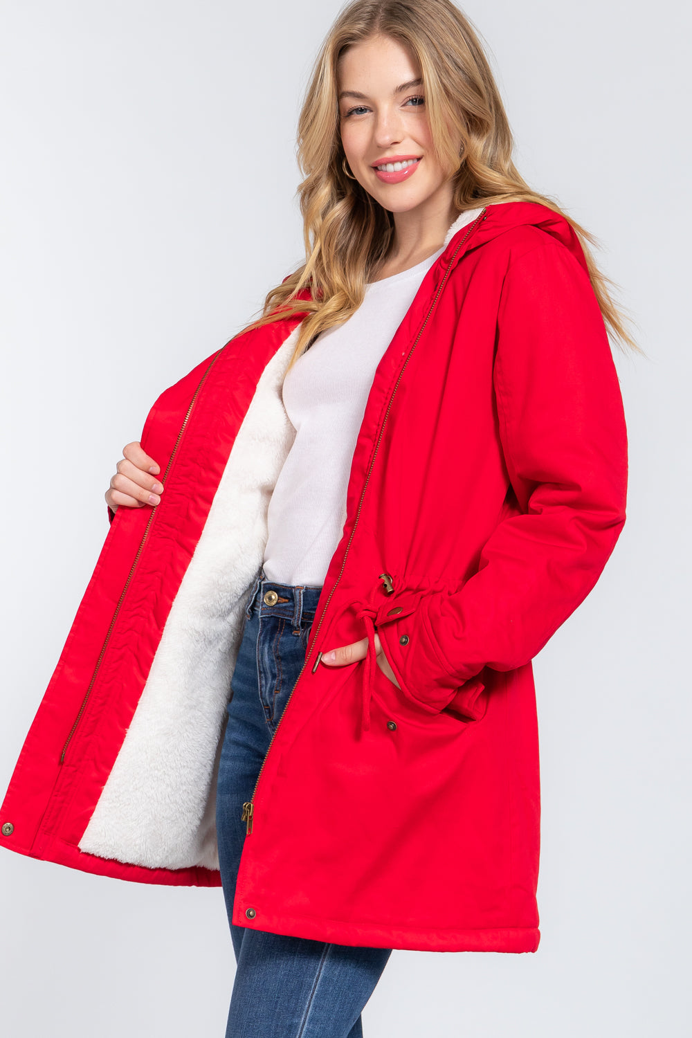 Red Fleece Lined Fur Hoodie Utility Jacket - Katherine Jean