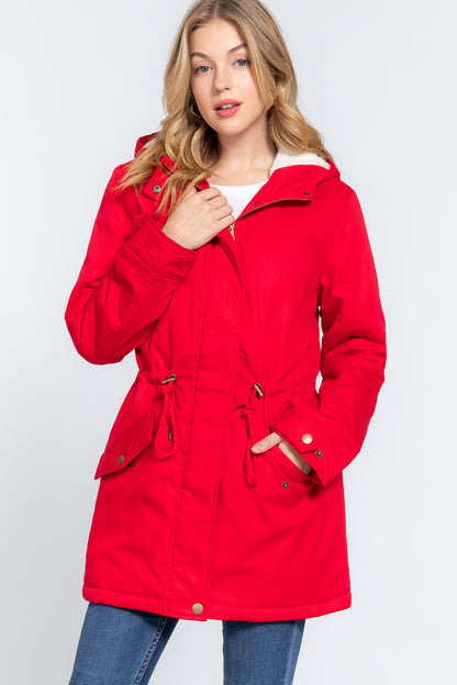 Red Fleece Lined Fur Hoodie Utility Jacket - Katherine Jean