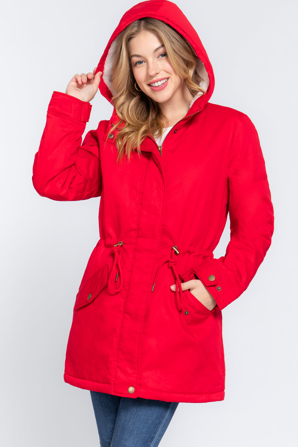 Red Fleece Lined Fur Hoodie Utility Jacket - Katherine Jean