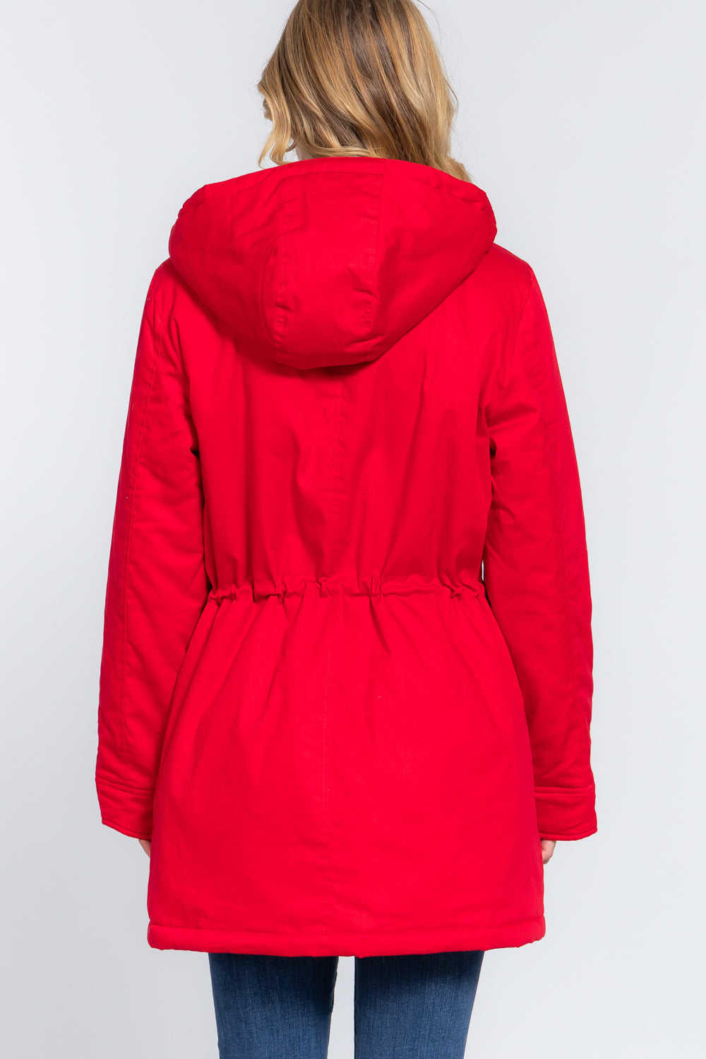 Red Fleece Lined Fur Hoodie Utility Jacket - Katherine Jean