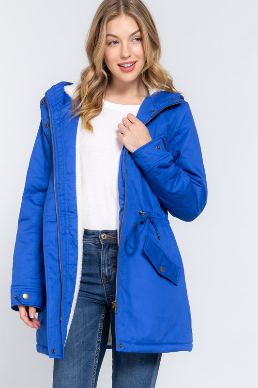 Royal Blue Fleece Lined Fur Hoodie Utility Jacket - Katherine Jean