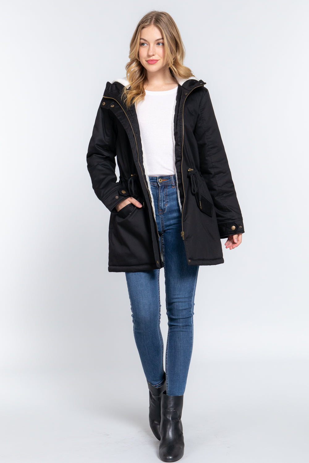 Black Fleece Lined Fur Hoodie Utility Jacket - Katherine Jean