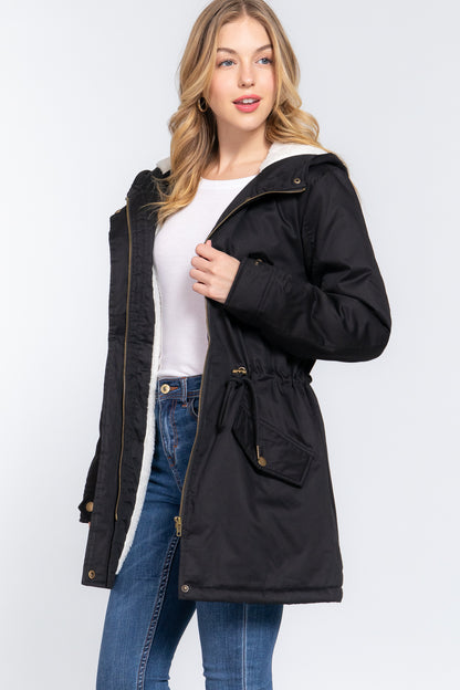 Black Fleece Lined Fur Hoodie Utility Jacket - Katherine Jean