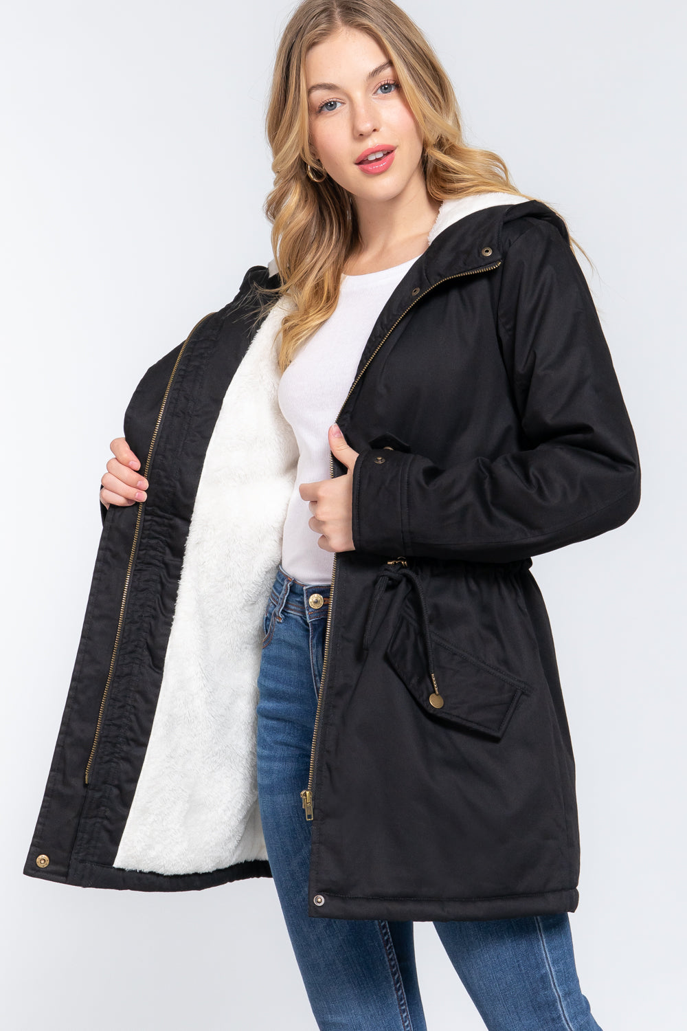 Black Fleece Lined Fur Hoodie Utility Jacket - Katherine Jean