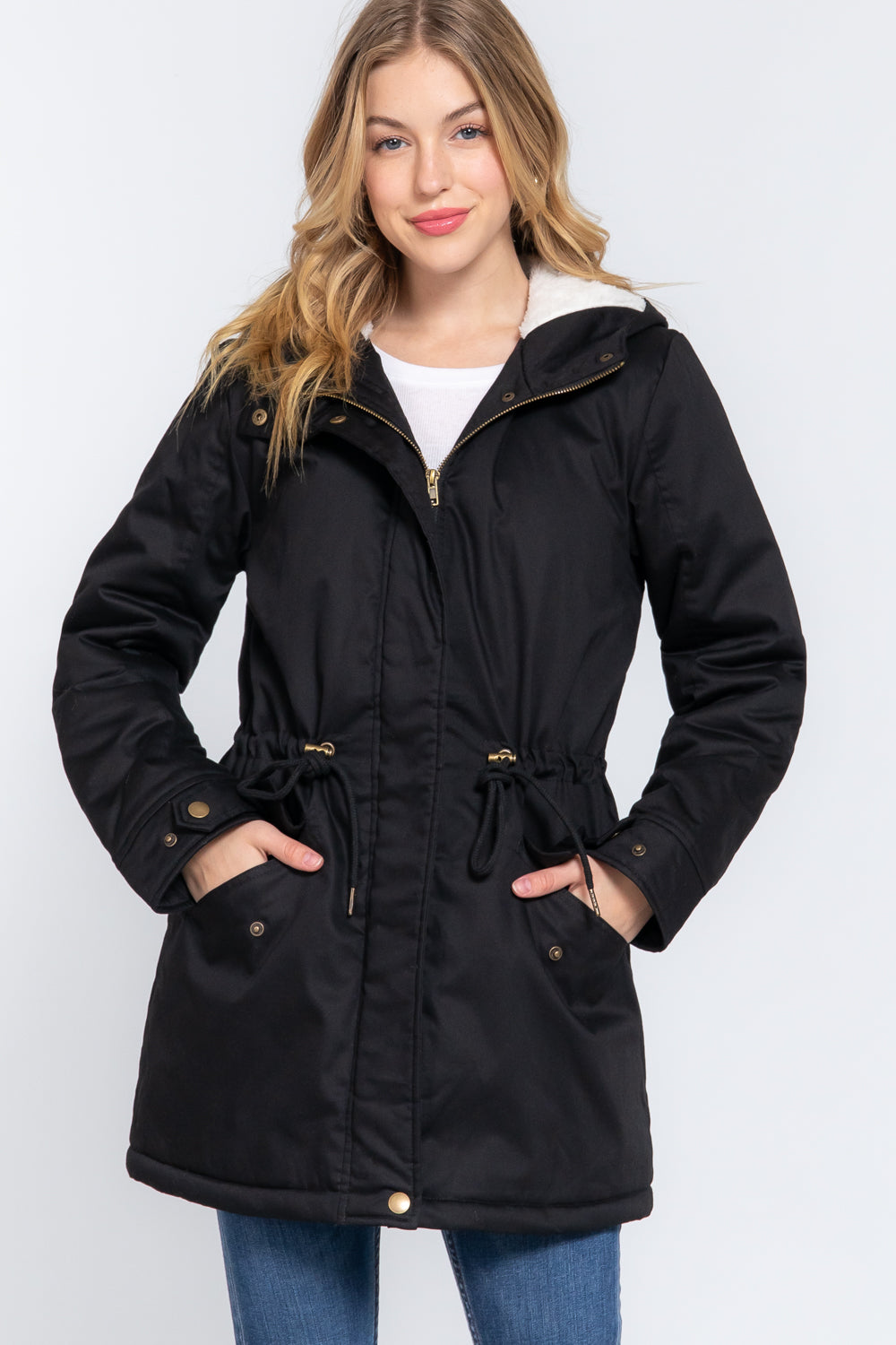 Black Fleece Lined Fur Hoodie Utility Jacket - Katherine Jean