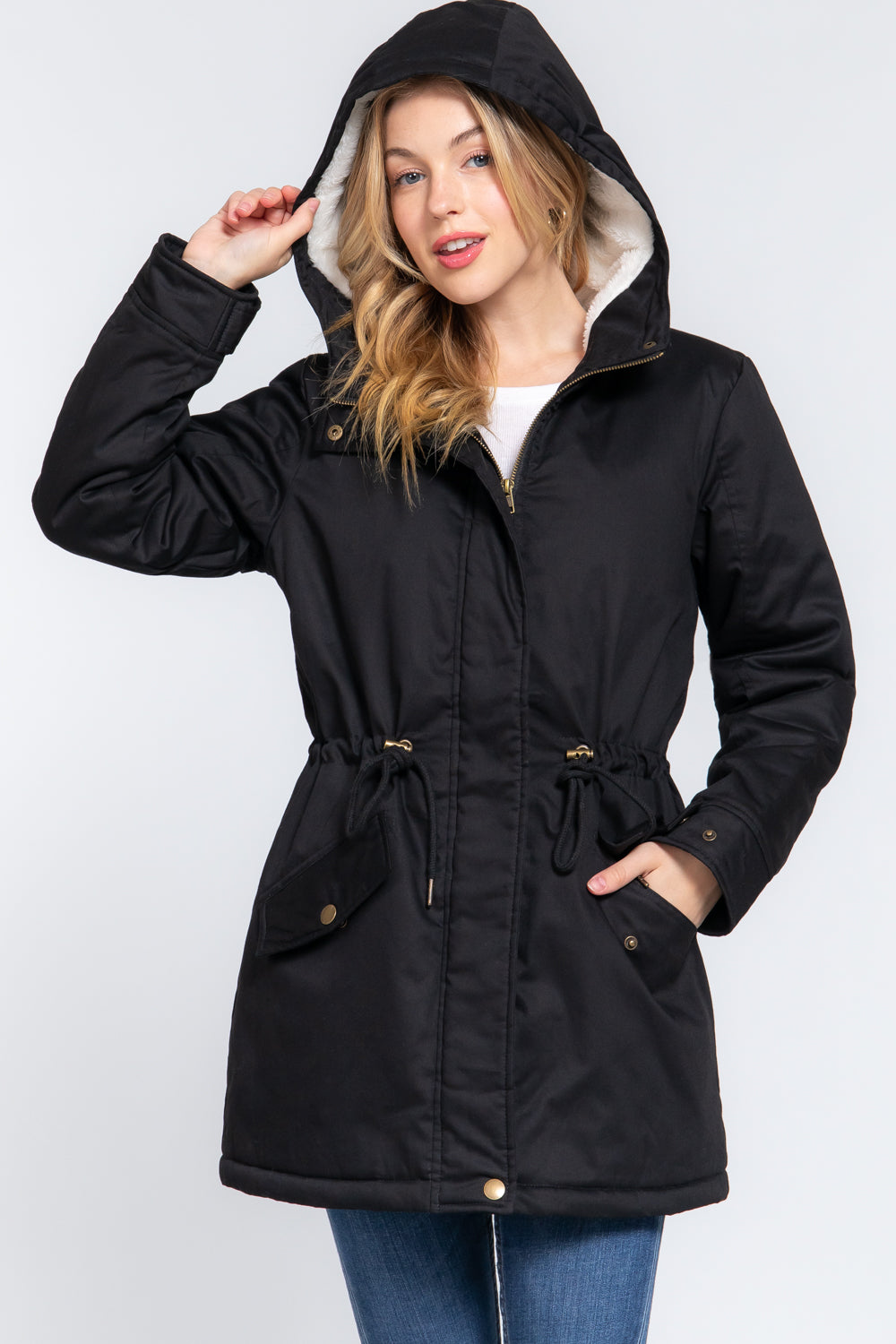 Black Fleece Lined Fur Hoodie Utility Jacket - Katherine Jean