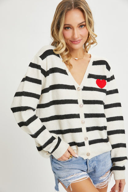 Striped Cardigan With Heart Patch - Katherine Jean